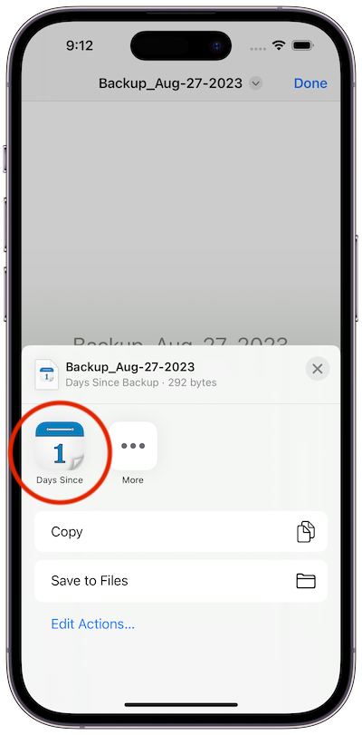 Share menu actions for a Days Since backup file