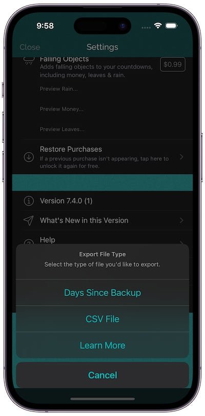 Backup and export actions in Days Since settings