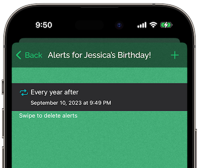 Alerta anual configurada para la cuenta regresiva de un cumpleaños en Days Since