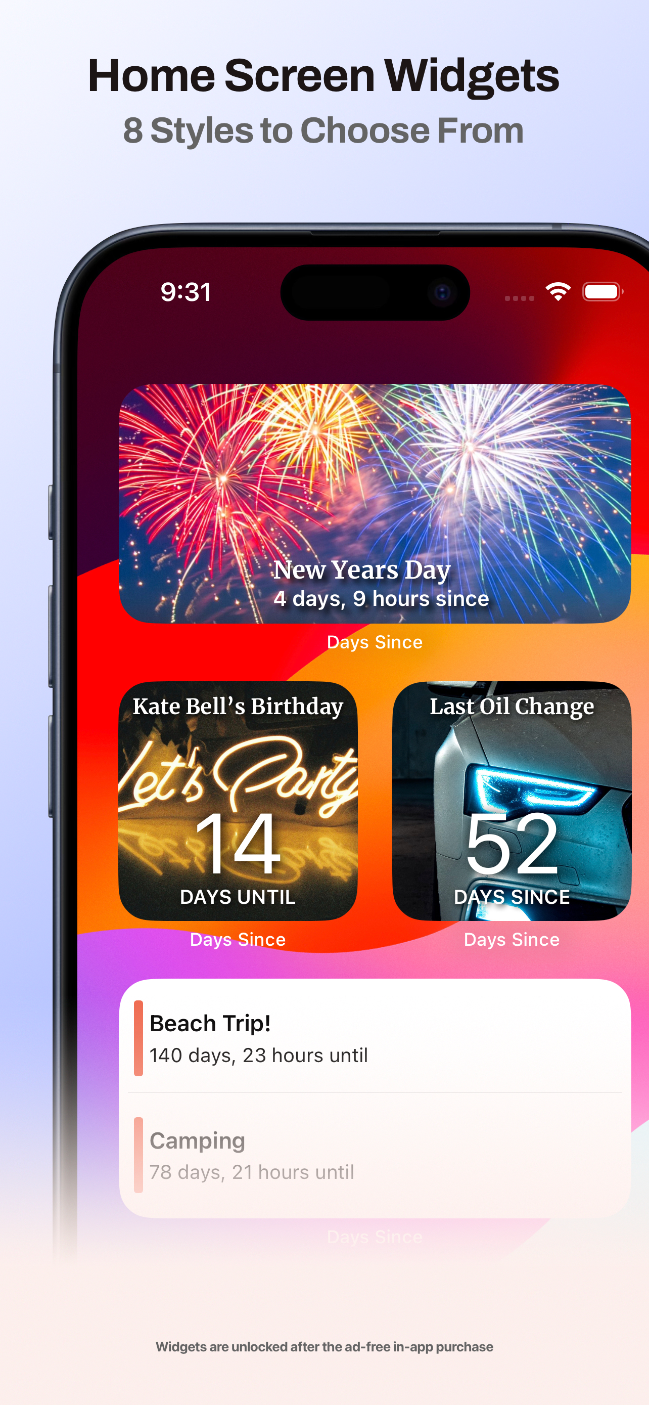 Widgets de cuenta regresiva de Days Since con varios estilos de pantalla de inicio