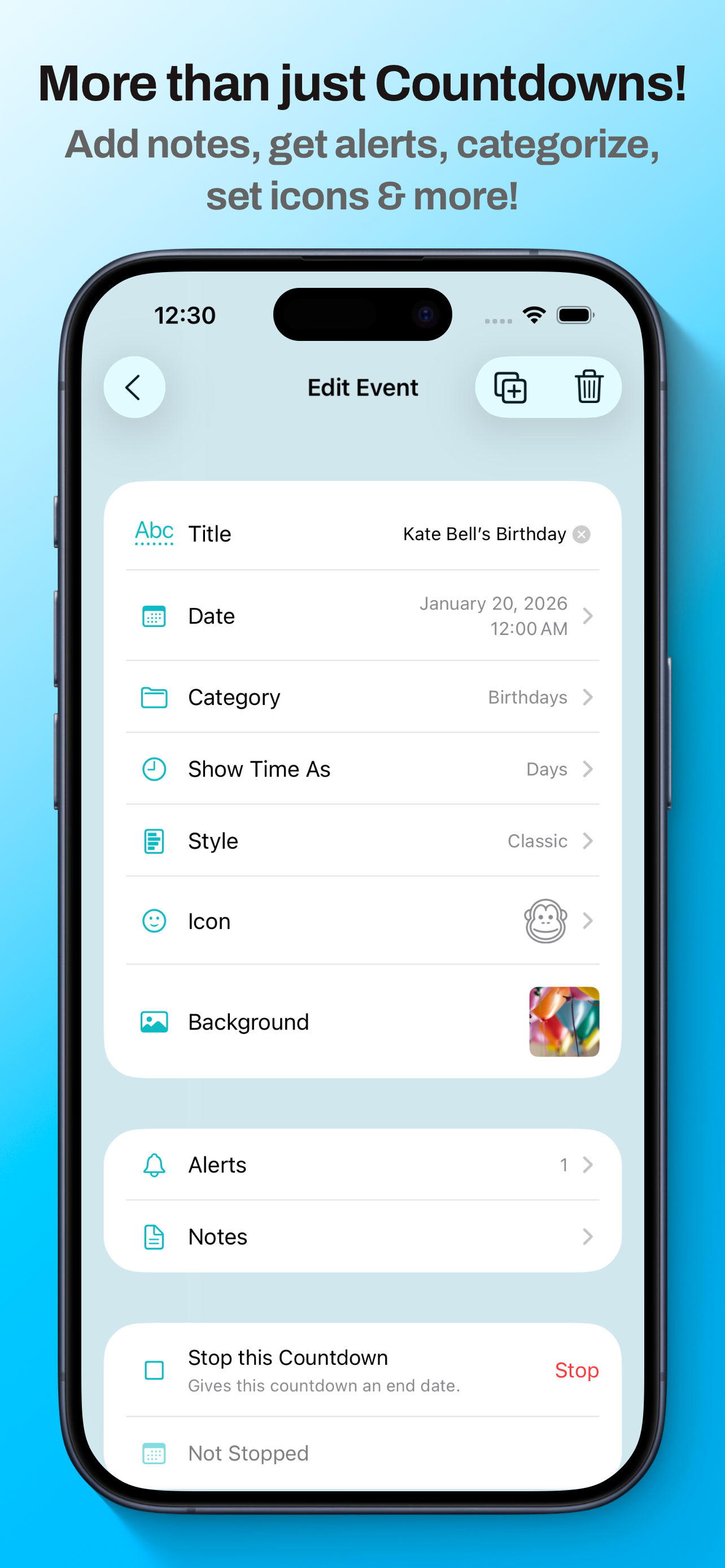 Editor de cuenta regresiva con categorías, estilos, iconos, alertas y notas
