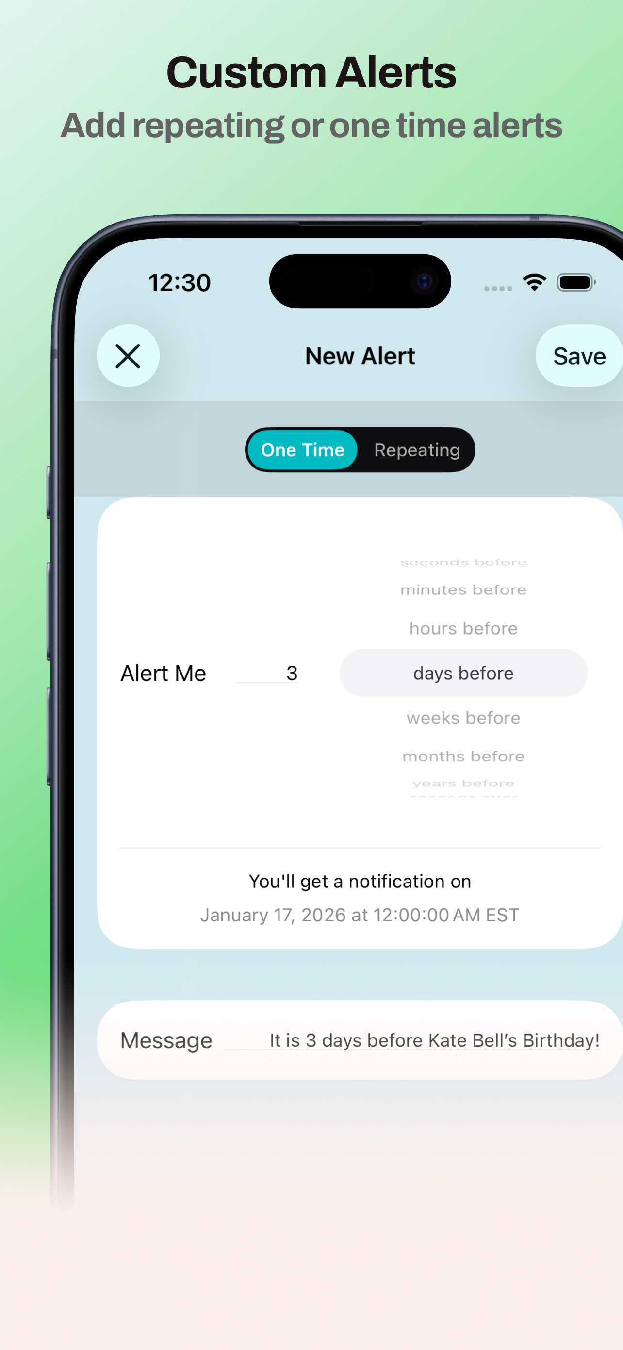 Editor de alertas únicas y repetitivas en Days Since